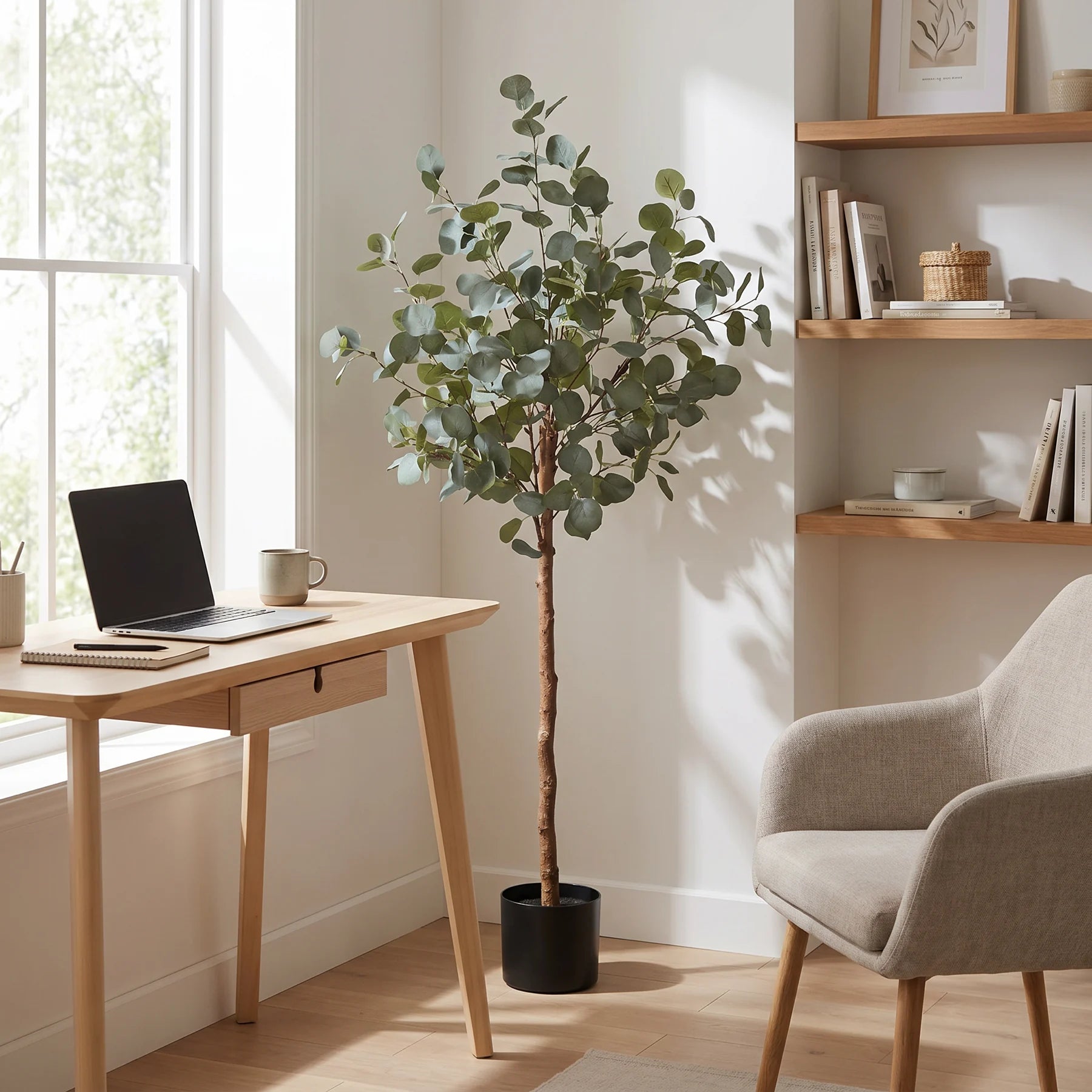 Künstlicher Eucalyptus Baum - Parla, 150 cm, Kunstbaum von aplanta, mit Echtholzstamm, in Grün, für drinnen
