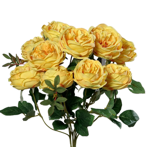Hochwertige Hortensie künstlich auf transparentem Hintergrund mit echt wirkenden Kunstblättern in natürlicher Anordnung. Rosenstrauß mit 10 Blütenköpfen - Thalia hat die Farbe gelb-orange und ist 45 cm hoch. | aplanta Kunstpflanzen