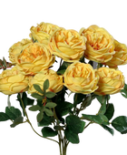 Hochwertige Hortensie künstlich auf transparentem Hintergrund mit echt wirkenden Kunstblättern in natürlicher Anordnung. Rosenstrauß mit 10 Blütenköpfen - Thalia hat die Farbe gelb-orange und ist 45 cm hoch. | aplanta Kunstpflanzen