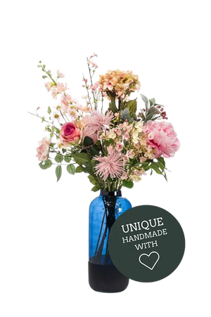 Künstlicher XL Blumenstrauß - Theresa auf transparentem Hintergrund mit echt wirkenden Kunstblättern. Diese Kunstpflanze gehört zur Gattung/Familie der "Blumensträuße" bzw. "Kunst-Blumensträuße".