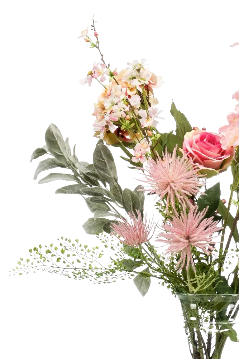 Künstlicher XL Blumenstrauß - Theresa auf transparentem Hintergrund, als Ausschnitt fotografiert, damit die Details der Kunstpflanze bzw. des Kunstbaums noch deutlicher zu erkennen sind.