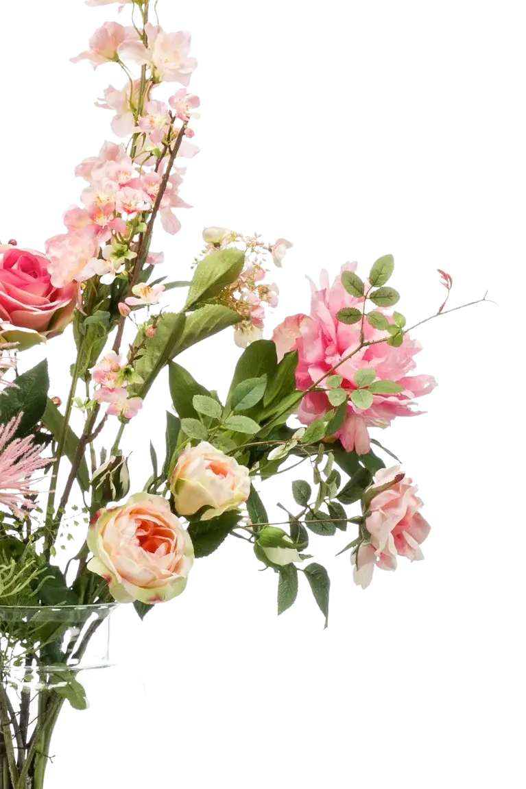 Künstlicher XL Blumenstrauß - Theresa auf transparentem Hintergrund, als Ausschnitt fotografiert, damit die Details der Kunstpflanze bzw. des Kunstbaums noch deutlicher zu erkennen sind.