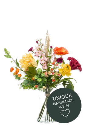 Künstlicher Blumenstrauß - Ava auf transparentem Hintergrund mit echt wirkenden Kunstblättern in natürlicher Anordnung. Künstlicher Blumenstrauß - Ava hat die Farbe bunt und ist 60 cm hoch. | aplanta Kunstpflanzen
